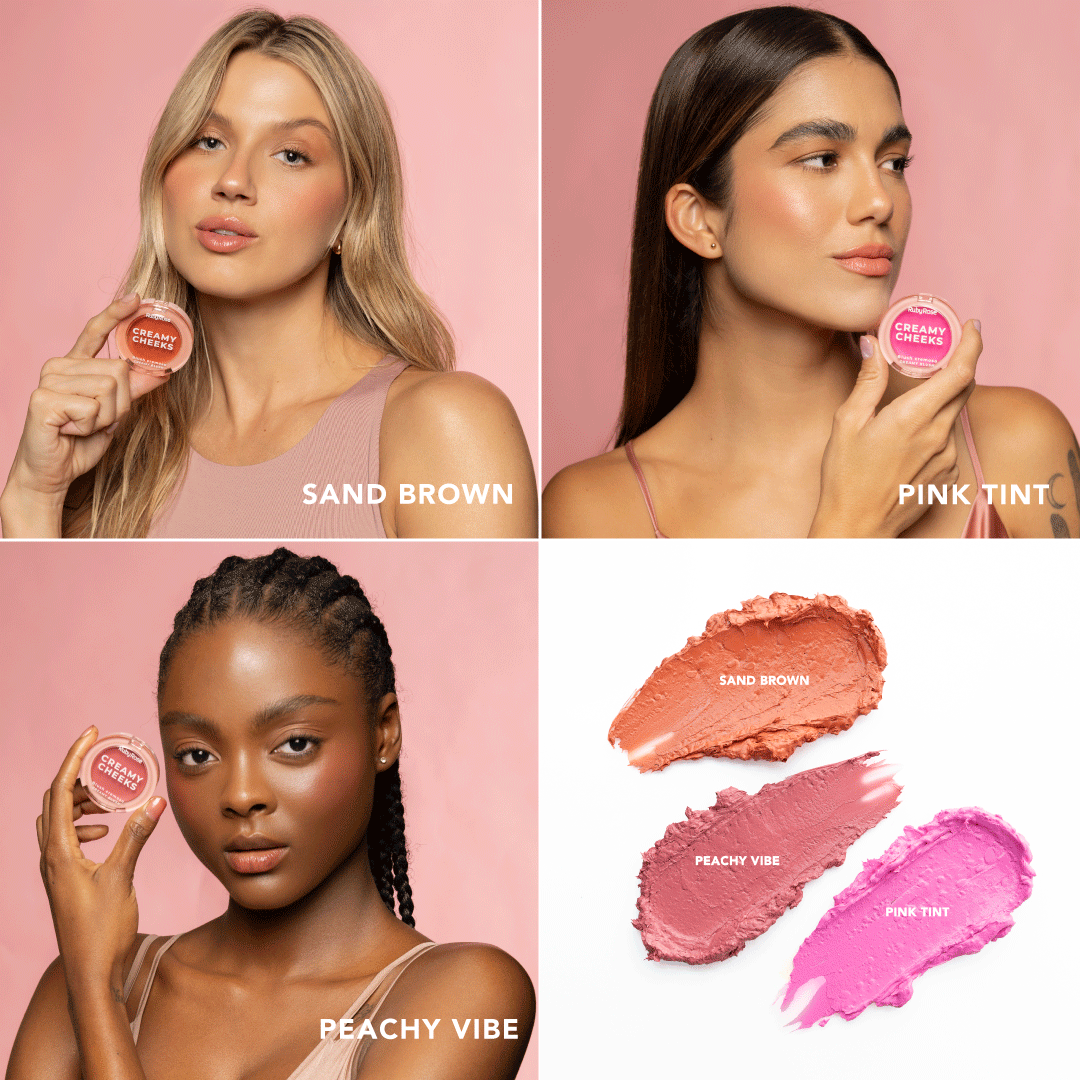 Tonos del rubor cremoso Ruby Rose Creamy Cheeks: Sand Brown, Peachy Vibe y Pink Tint