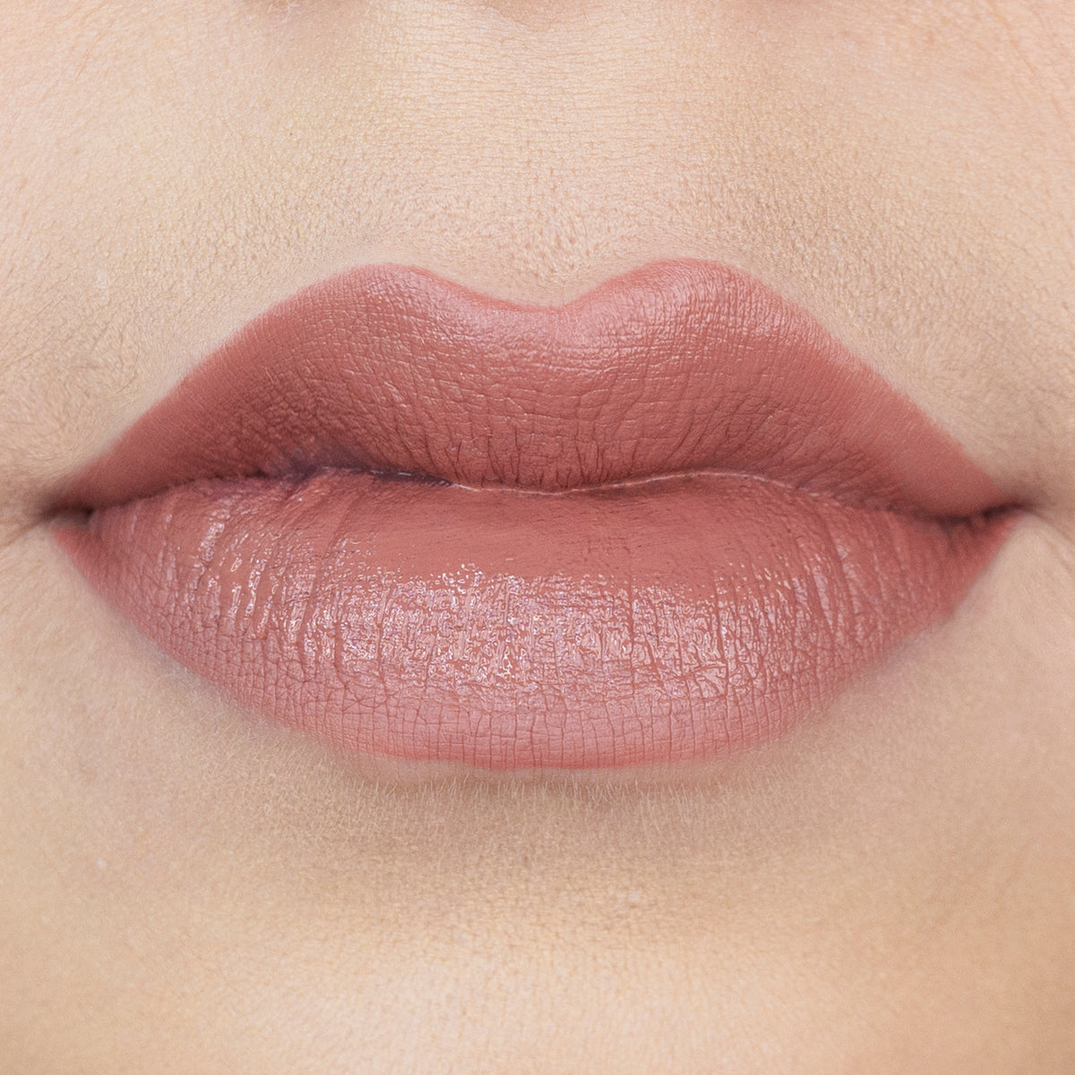 Labios con labial tono nude rosado de acabado mate.