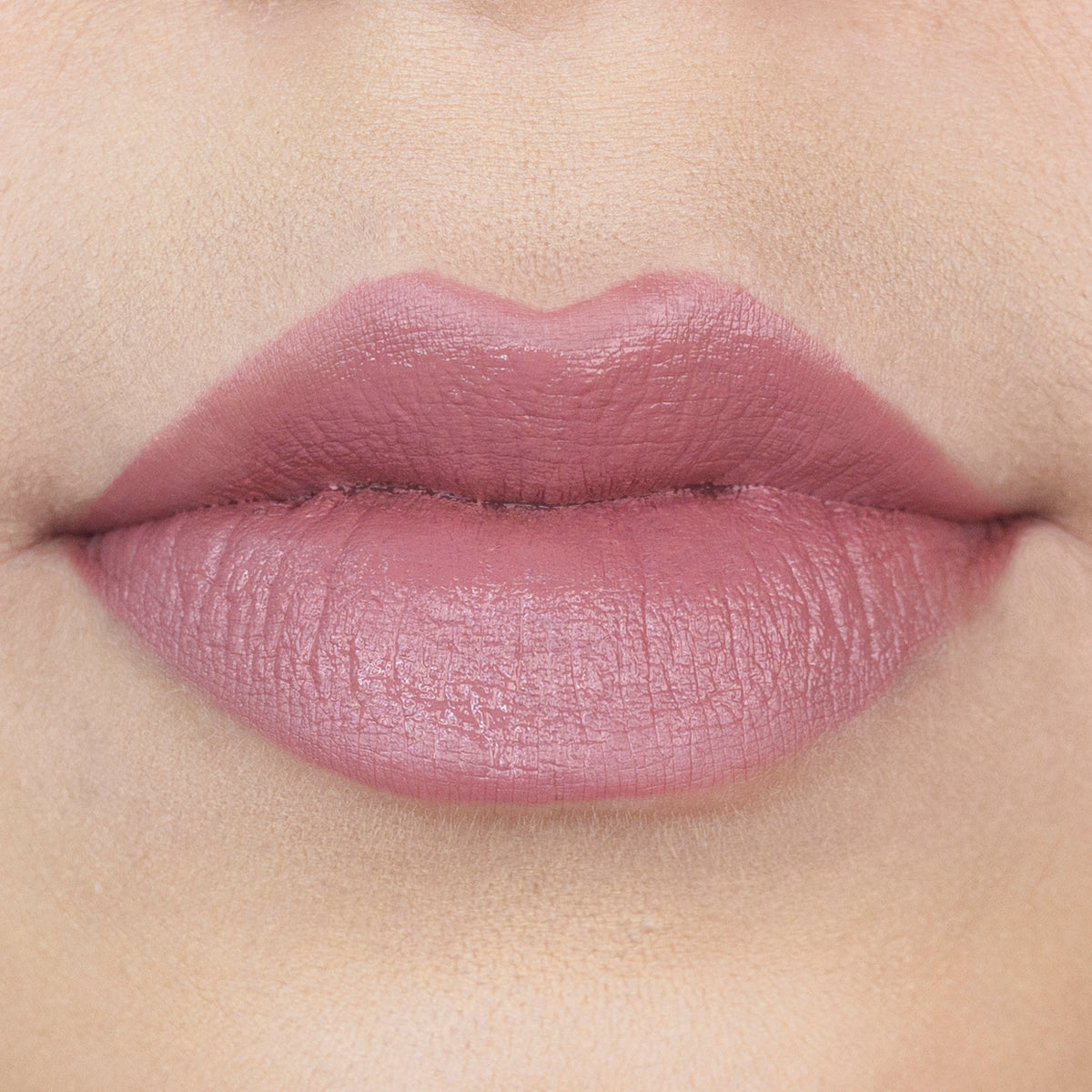 Labios con labial tono rosa malva de acabado mate.