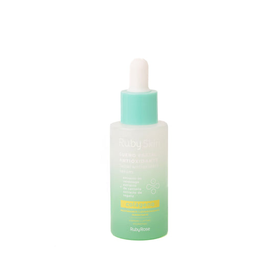 Sérum facial Ruby Skin con colágeno y gotero, presentado sobre fondo blanco.