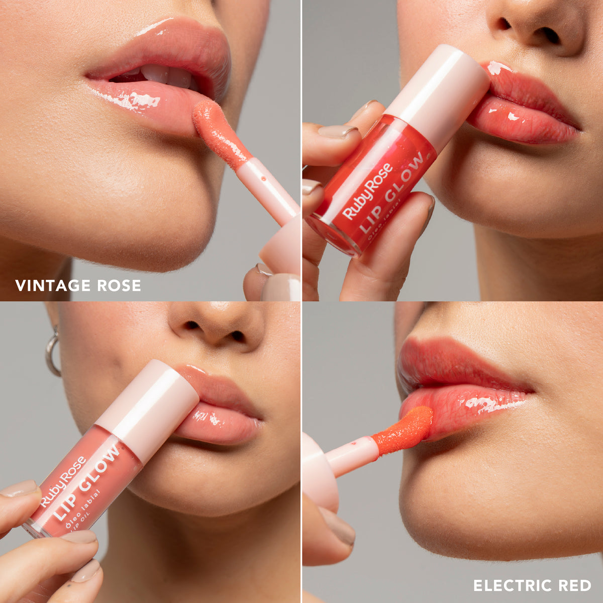 Lip Glow Ruby Rose aplicado en labios, tonos Vintage Rose y Electric Red.