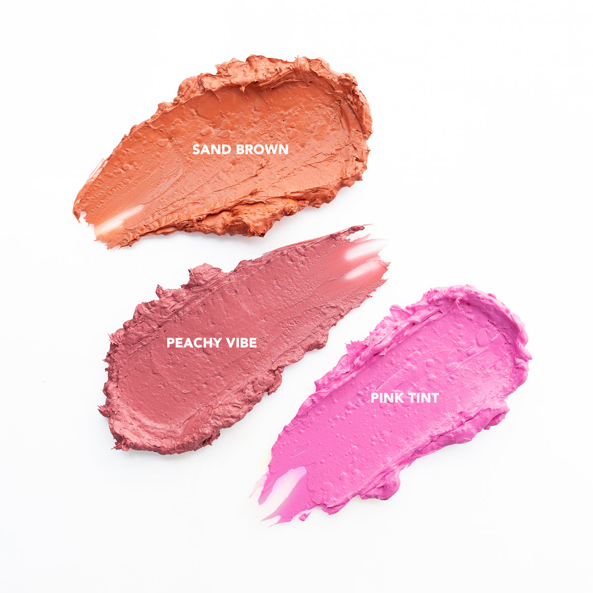 Muestras de tonos del rubor cremoso Ruby Rose Creamy Cheeks: Sand Brown, Peachy Vibe y Pink Tint