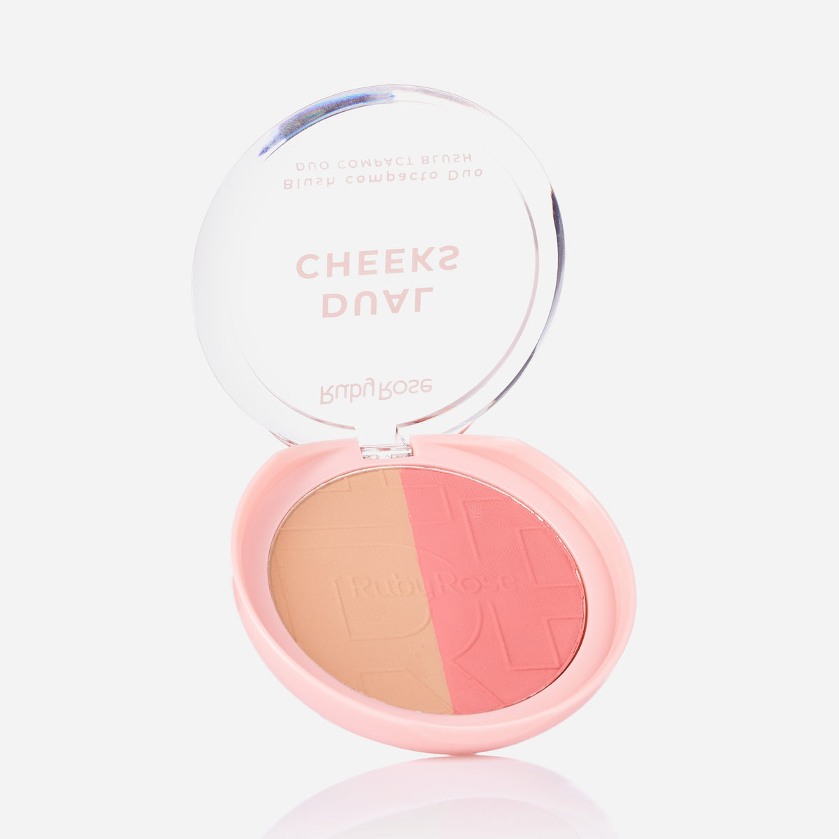 Rubor Compacto Duo Dual Cheeks Ruby Rose tono Champagne/Peach abierto.
